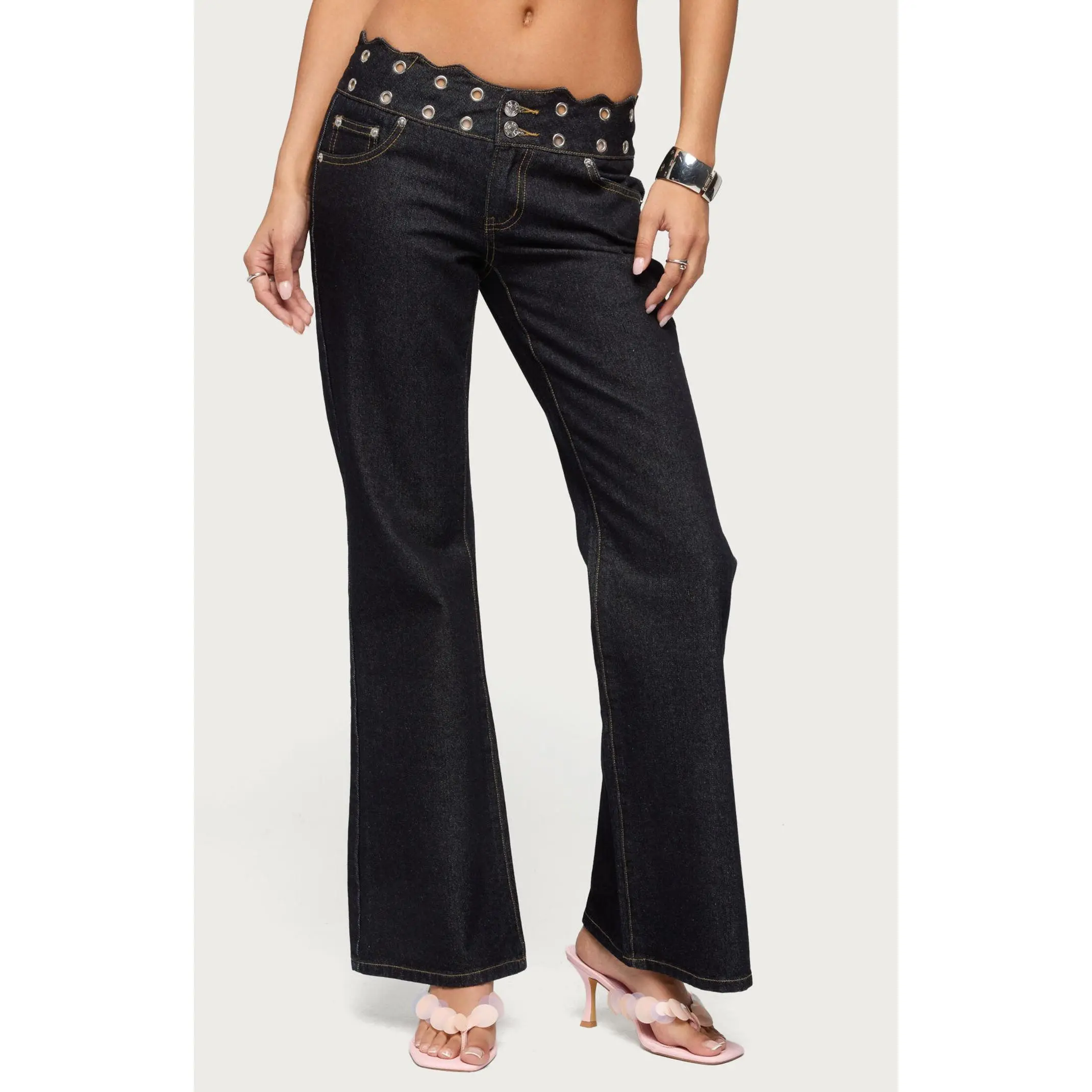 Edikted Women's Scalloped Grommet Low Rise Bootcut Jeans