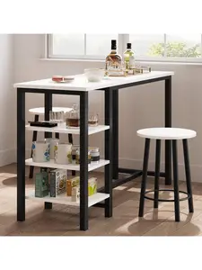 Gaomon 3-Piece Counter Height Bar Table Set with 2 Stools, 3-Shelf Storage, and Dining Function for Small Space Apartments, Kitchen (White and Black), Three-Shelf Storage