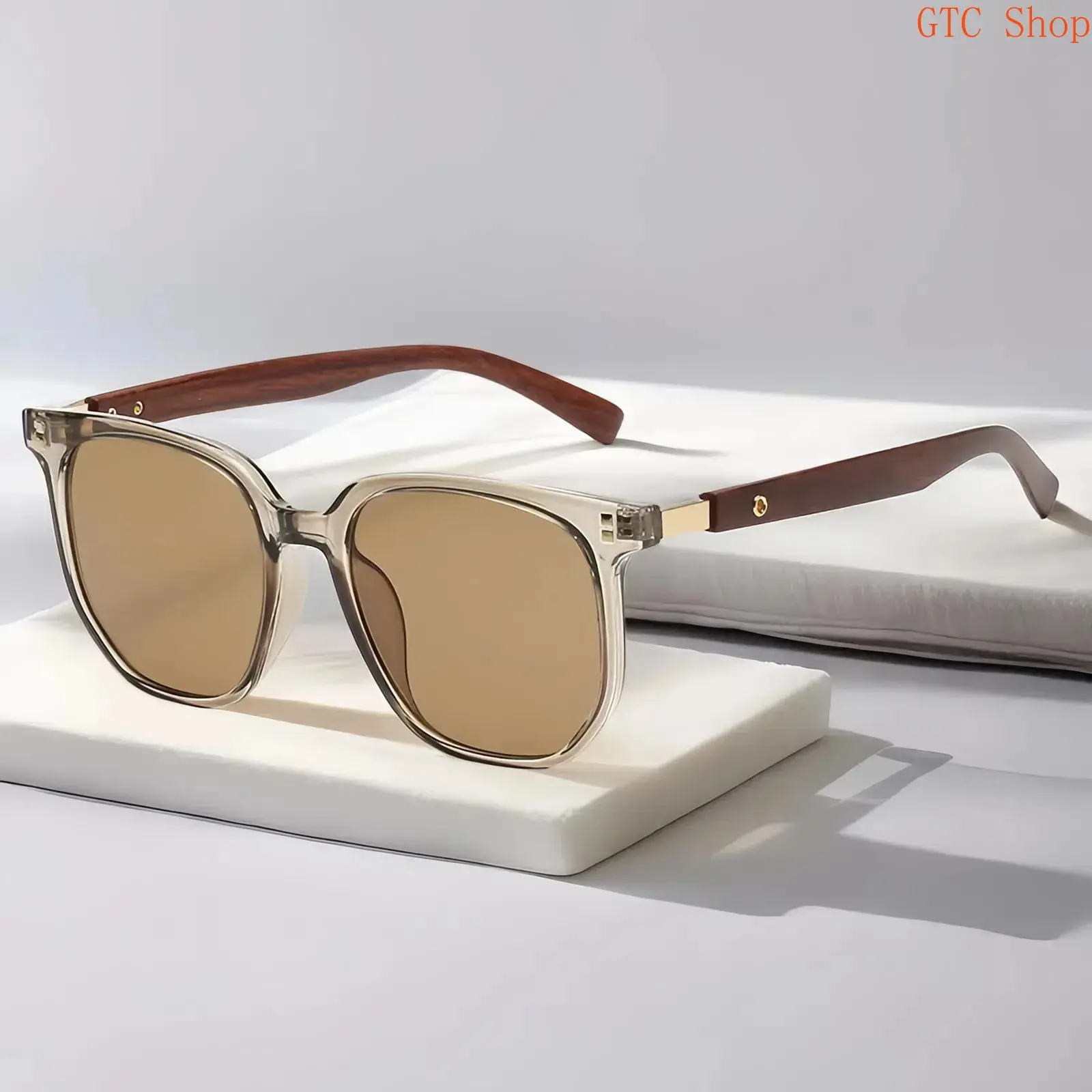 Unisex Retro Polygonal Stylish Sunglasses - Elegant Tea Tint Frame, Premium Wood Grain Temple, Korean Aesthetic Design, UV400 Protection, Lightweight Comfortable Eyewear for Daily Casual Wear, Travel