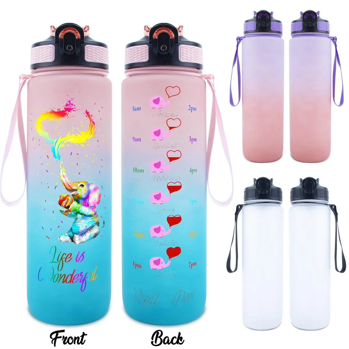 32oz Water Bottle, 1 Count Colorful Elephant Pattern Sports Water Bottle with Time Marker, Durable Large Capacity Water Bottle for Outdoor, Drinkware