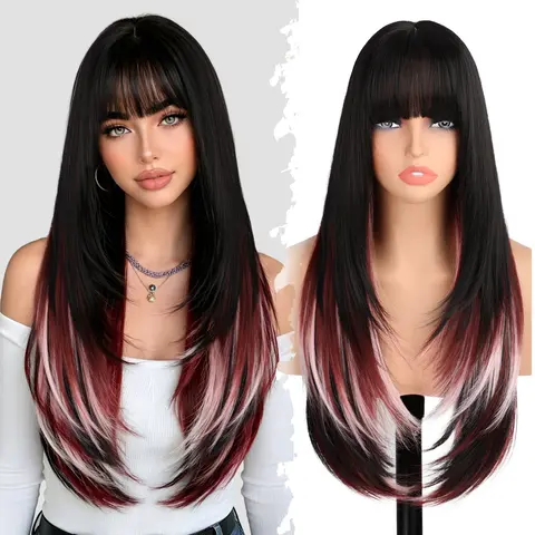 FXMONGYI Calico Wig with Bangs 26 Inch Soft Layered Synthetic Wig 4x2 Realistic Scalp Natural Look Comfortable for Daily Wear & Halloween Holiday