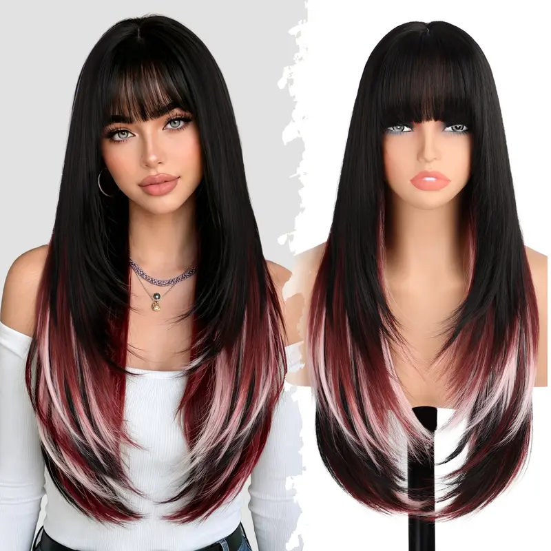 FXMONGYI Calico Wig with Bangs 26 Inch Soft Layered Synthetic Wig 4x2 Realistic Scalp Natural Look Comfortable for Daily Wear & Halloween Holiday