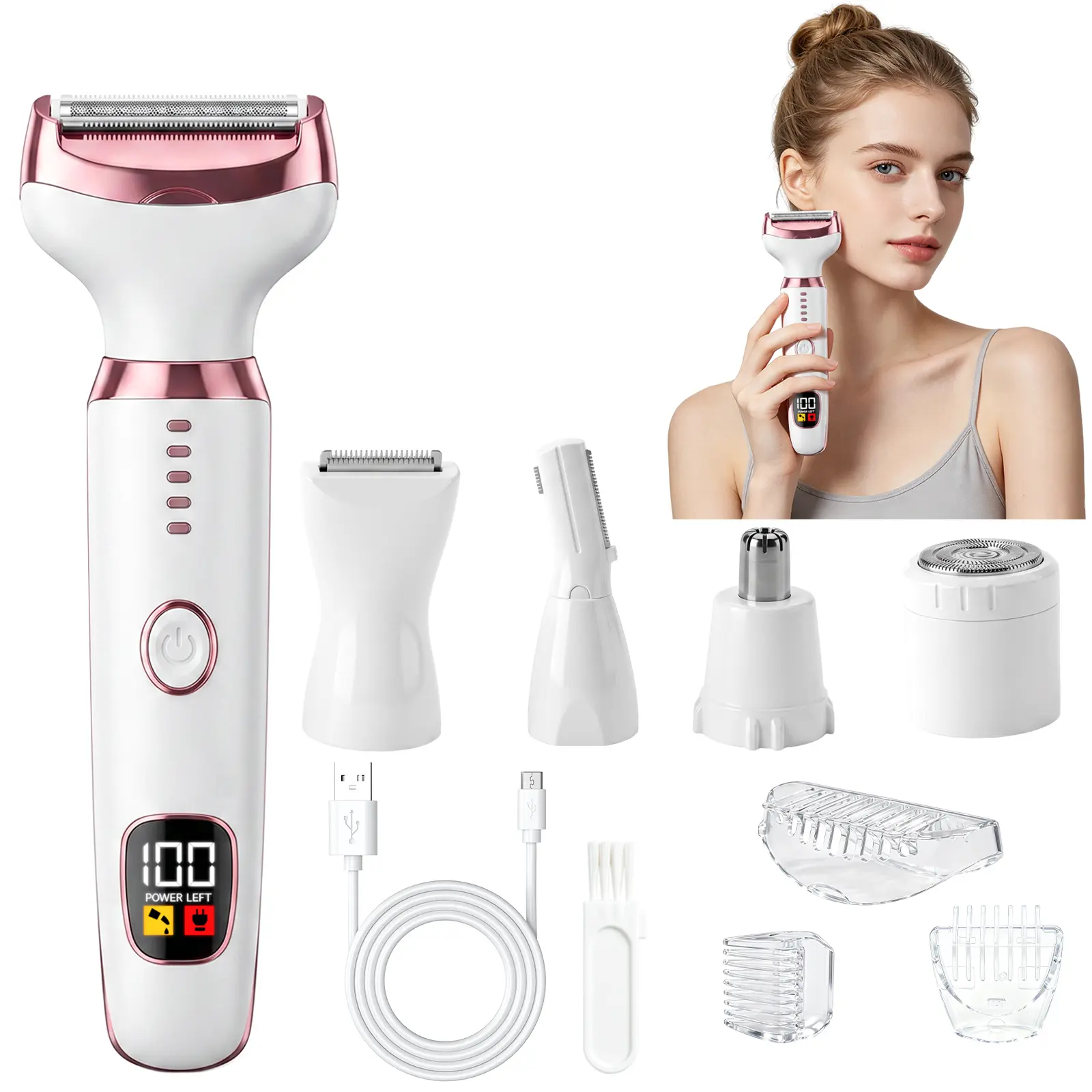 Women's 5-in-1 Electric Shaver Multifunctional, USB Rechargeable Hair Removal Tool, Waterproof Multi-Head Grooming Kit for Full Body, Bikini & Facial Hair with LED Display