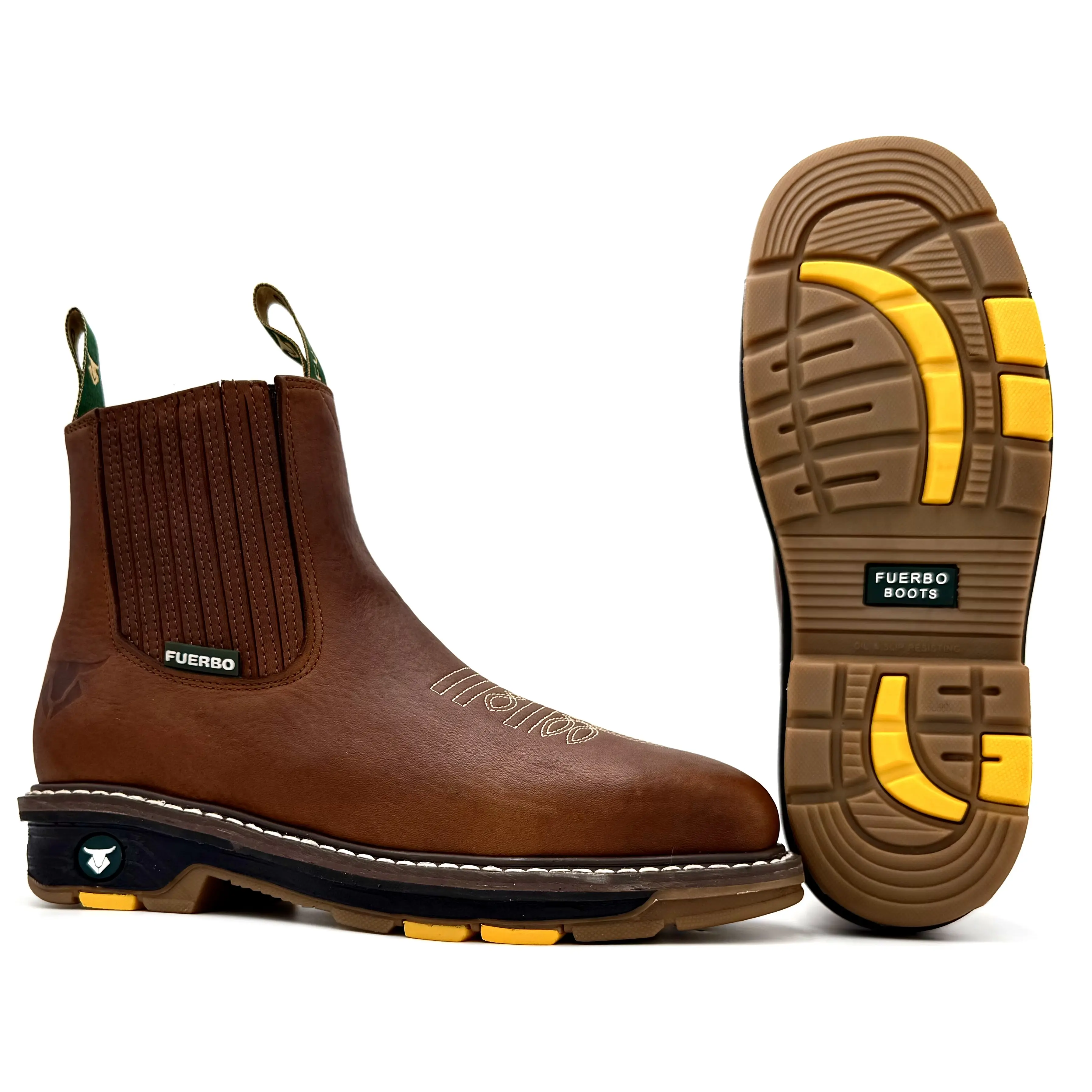 Fuerbo 3076 Brown Rodeo Work Boots Slip On Chelsea Boots Full Grain Leather Goodyear Welt Dual Density Sole Footwear