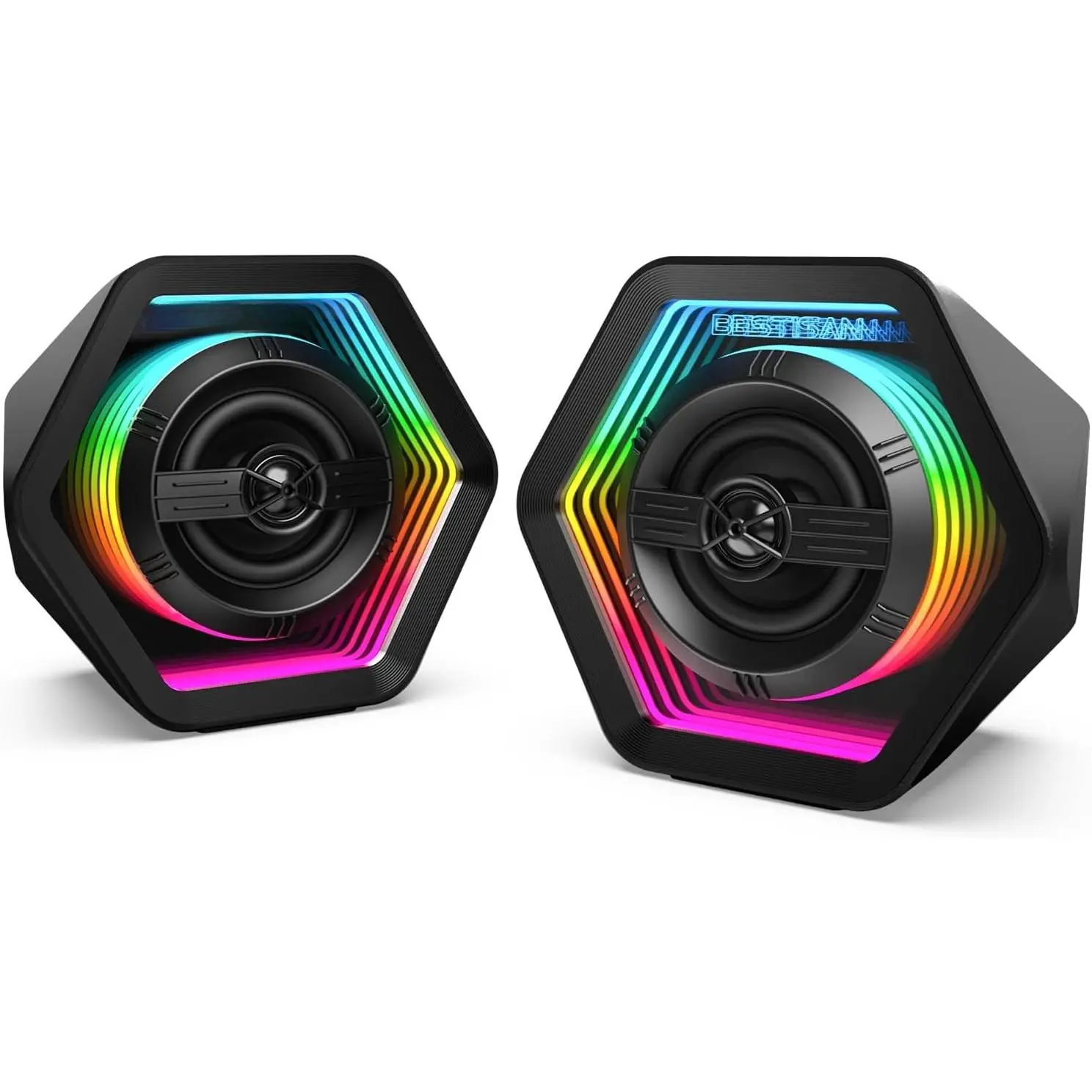 Gaming Speakers, 50W  Desktop Speakers with Infinity Mirror  Tunnel RGB (8 Modes),  5.3, AUX in, Headphone Out & Type-C Input, 3 EQ Modes, AC  for PC/Laptop/TV
