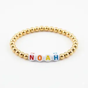 14K Gold-Filled Personalized Name Beaded Bracelet – 5mm Custom Word Bracelet for Women, Waterproof Non-Tarnish Stretch Gold Bead Jewelry, Initial Gift Accessory
