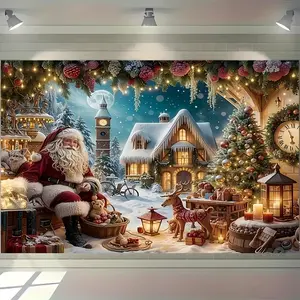 1pc 2D Flat Santa Claus Gingerbread House Backdrop Banner, Suitable for Christmas Party Decorations, Garden Decor, Wall Decor, Home Photography Background, Anniversary Celebrations, Indoor and Outdoo Ornaments White