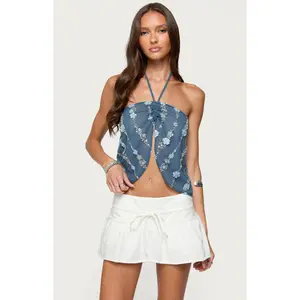 Edikted Women's Beaded Floral Split Front Halter Top