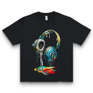 Men's Navy Blue Graphic Tee with Vibrant Headphone Print Thick Cotton, Casual & Trendy, Short Sleeve Crew Neck T-Shirt, Machine Washable for Summer Fashion, Street Fashion Tee |     Graphic Print Shirt |     Durable Casualwear