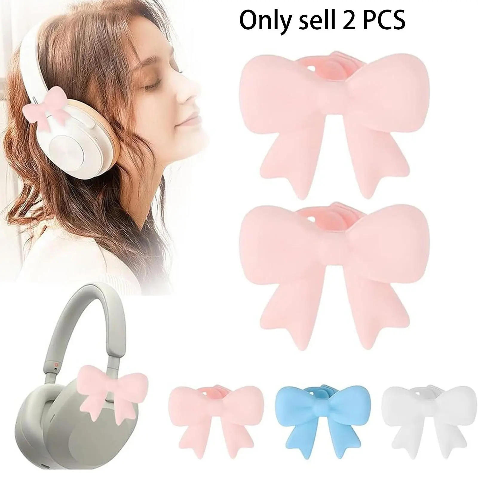 2PC Silicone Bow Headphone Headset Accessory, 3D Bows Decor for Headphones, Cute Adorable Earphone Decorations, Silicone Bows Coquettish Headphone Clip Decor Attachment Accessories for Women Ladies