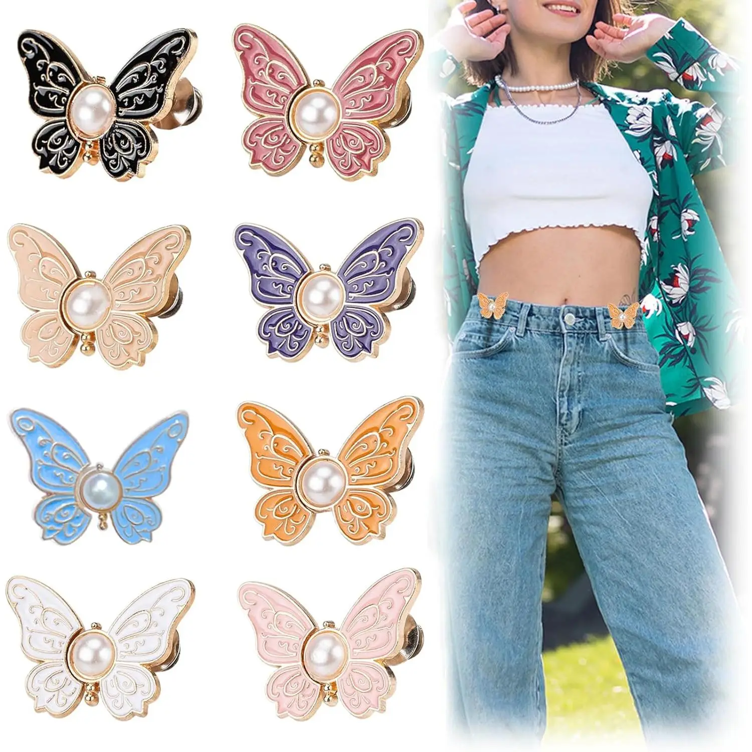 6 pcs Pant Waist Tightener, Detachable Butterfly Jean Buttons Pant Waist Tightener for Loose Jeans, Adjustable Waist Buckle Sets No Sew and No Tools D