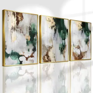 3 Count Aluminum Alloy Frame Canvas， Abstract Gold Foil Green Oil Painting Fashion Poster， Modern Living Room Decoration， Light Luxury Family Art， Suitable For Bedroom， Corridor And Office Wall Decor， Gift