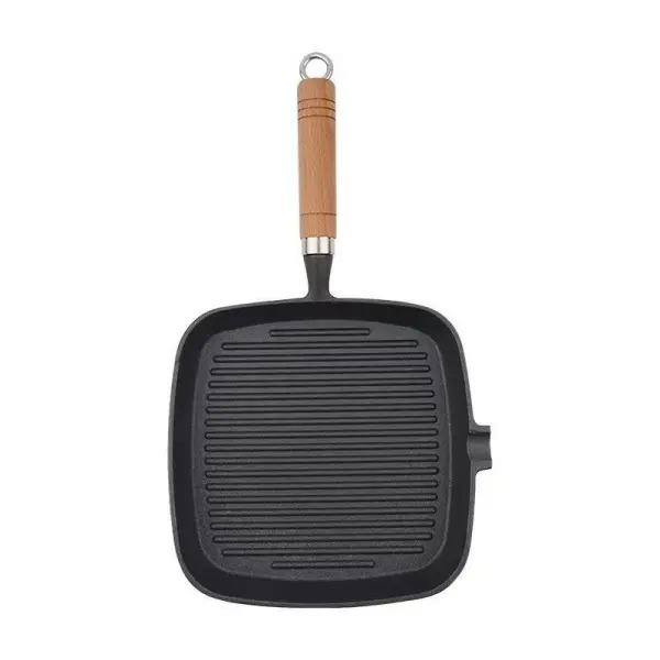 Pre-Seasoned Cast Iron Grill Pan, Non-Stick Square Steak Pan with Heat-Resistant Wooden Handle, Portable Griddle Pan for Outdoor Camping, BBQ, Campfire Cooking, Indoor Stovetop Use