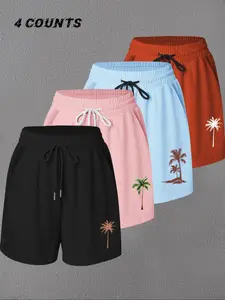 Women's Palm Tree / Cartoon Print Pocket Shorts, Casual Comfy Breathable Drawstring Waist Shorts for Summer, Ladies Bottoms for Beach Vacation