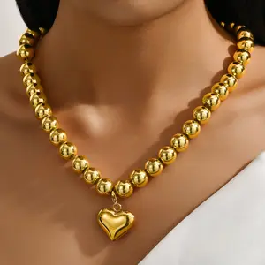 Love Ball Necklace, Gothic Exaggerated Bright Surface Large Ball Chain Heart Pendant Stainless Steel Women's Necklace Suitable for Wedding Banquet, Festival Party, Beach Vacation Accessories