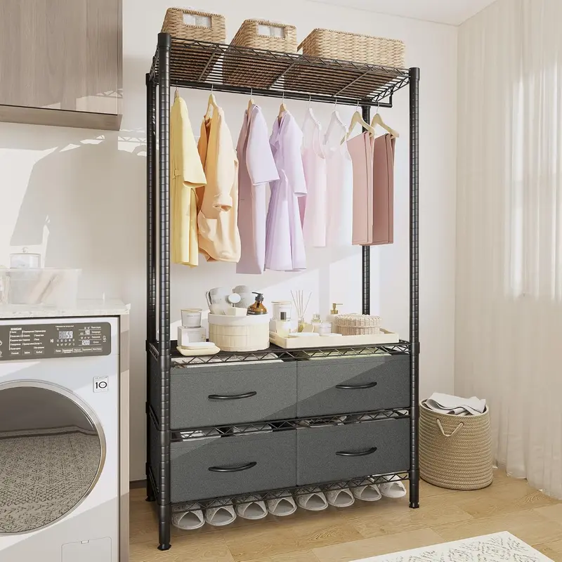 Heavy Duty Freestanding Wardrobe Closet Organizer (71.5"H x 35.2"W x 15.4"D) - Carbon Steel Frame, 4 Reinforced Fabric Drawers for Clothing Clutter, Adjustable Shelves, Hanging Rod, Easy Room Movement, Simple Assembly Required for Closet Organization