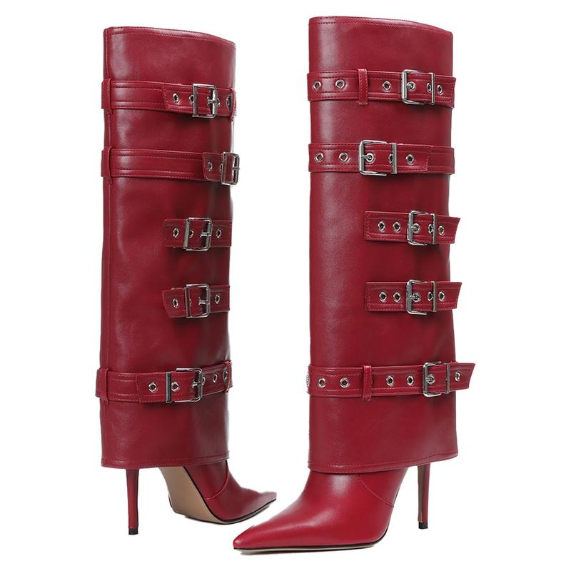EROCALLI Women Pointed Toe Over The Knee Boot Fashion Pointed Toe Stiletto Heeled Buckle Belts with Zipper Sexy Shoes  Buckle Strap High Heel Thigh Stiletto Red Boots KneHigh Heels High Black Boots Casual Western Club