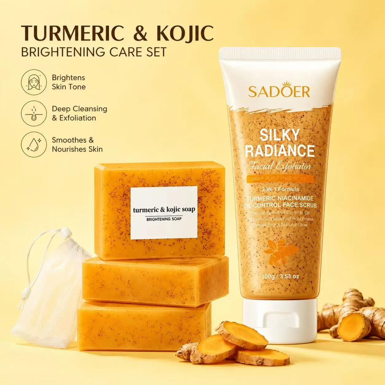 Turmeric & Kojic Brightening Soap with Drawstring Bag + Turmeric Niacinamide Oil-Control Face Scrub Combo, Gentle Cleanser & Exfoliator for Daily Facial Cleansing, Fades Discoloration, Repairs Skin, Reveals Smooth Bright Skin