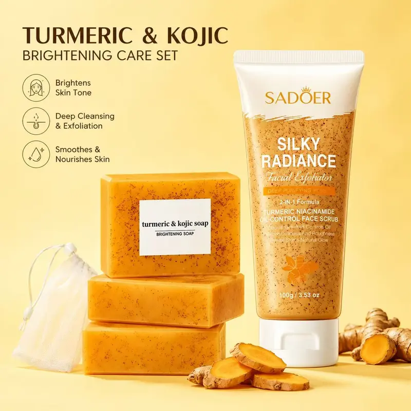 Turmeric Blend Soap & Scrub Combo - Brightening Solid Soap with Drawstring Bag + Niacinamide Oil-Control Face Scrub, Nontoxic Gentle Exfoliator for Facial Cleansing, Kojic Spot Fade, Smoothing & Skin Repair, Glow with Niacin