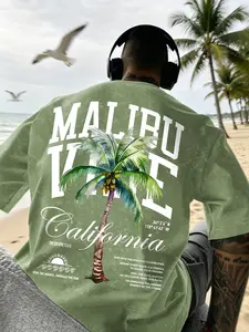 Men's "Malibu Vibe" Palm Tree Digital Print Washed T-Shirt, California Coastal Streetwear Tee, Oversized Summer Casual Top #MalibuVibeTee #CoastalStreetwear #CaliforniaPrintTshirt #WashedSummerTee #TikTokMadeMeBuyIt