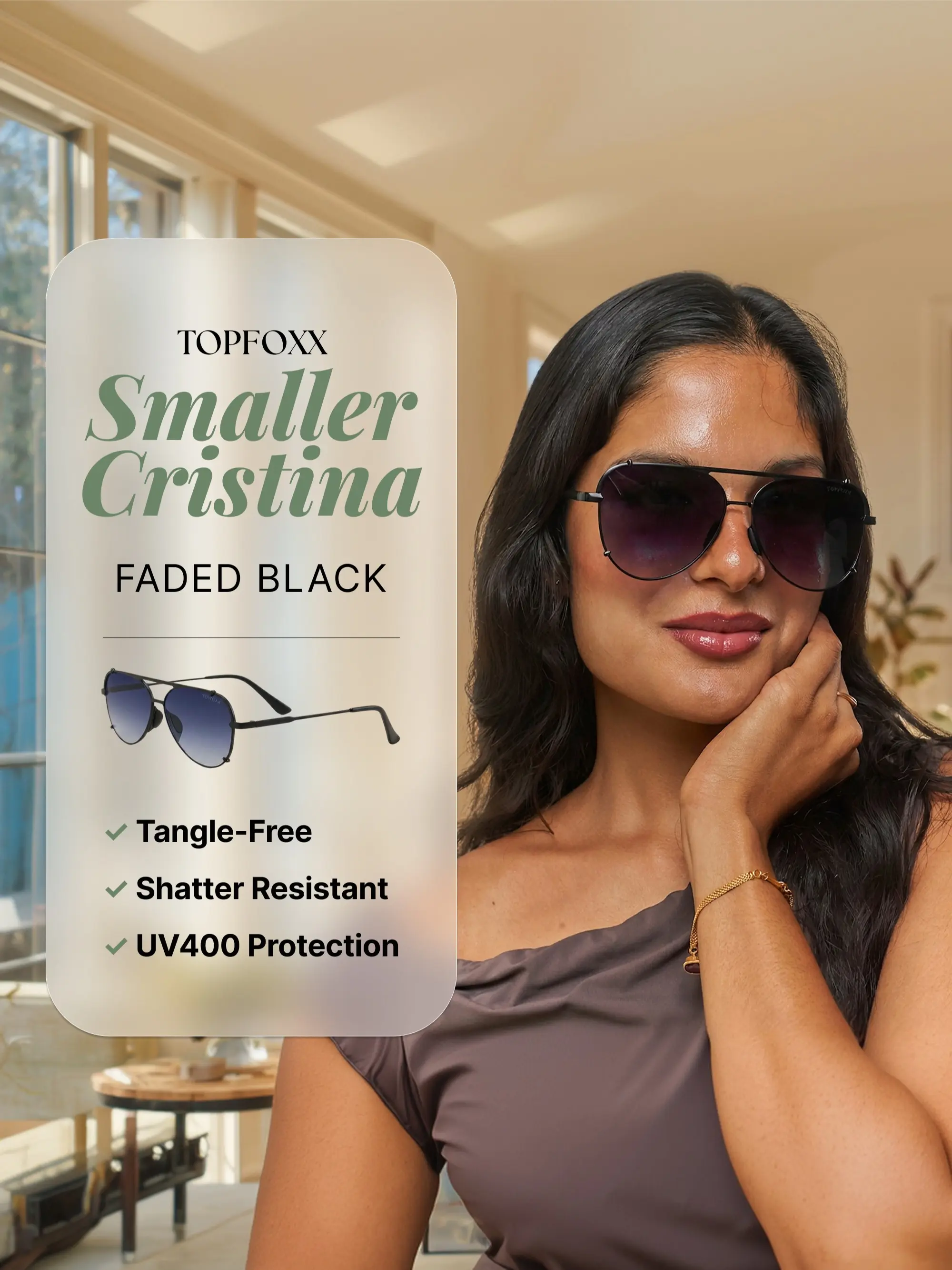 Smaller Cristina Faded Black - Tangle-Free - Topfoxx Stylish Accessories Round Aviator Sunglasses - Certified Shatter-Resistant Resin Lenses - UV400 UV Blocking UV-Protection - Bold Look - For Women & Men