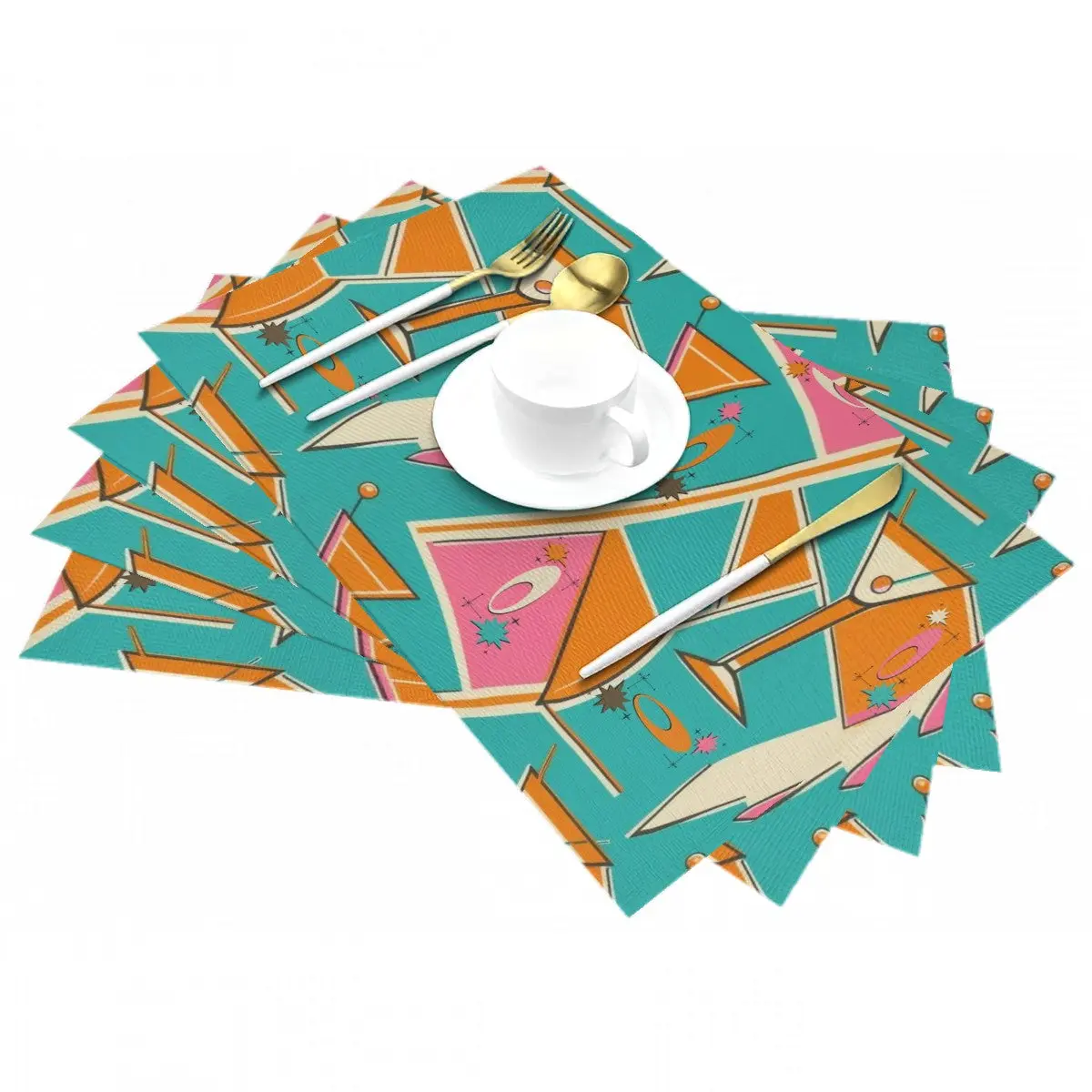 Mid Century Modern Cocktail Bar Placemats, Kitschy Orange, Pink Aqua MCM Tableware