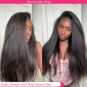 [3 IN 1 Half Wig] MYLOCKME Kinky Straight Half Wig Human Hair Glueless 3 IN 1 Half Wig With Drawstring Seamless Clip Ins Flip Over Half Wig Full Machine Made Wig For Women