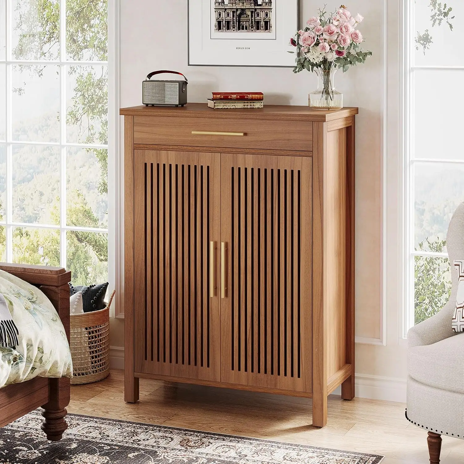 LITTLE TREE Shoe Cabinet, 5-Tier Shoe Storage Cabinet with Louvered Doors and Drawer, Freestanding Wooden Shoe Rack Organizer with Adjustable Shelves