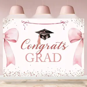 Congrats Grad Backdrop Pink Bow Graduation Grad She Did It Class Of 2026 Photography Background Graduate Prom 2026 Party Decoration Supplies Cake Table Banner Photo Booth Studio Props