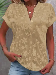 Women's Summer Short Sleeve Tops V Neck Floral Lace Blouse Casual Button Down Shirts Elegant Tunic Tops