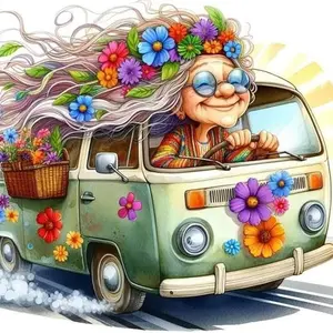 Grandma Driving Car with Flower Design Diamond Arts Colorful Painting Kit, DIY 5D Diamond Arts Colorful Painting Kit, DIY Art Kit for Home Decor