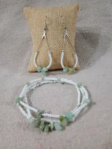 Green Aventurine & White Seed Bead Jewelry Set – 3 Stretchy Bracelets and Earrings Set