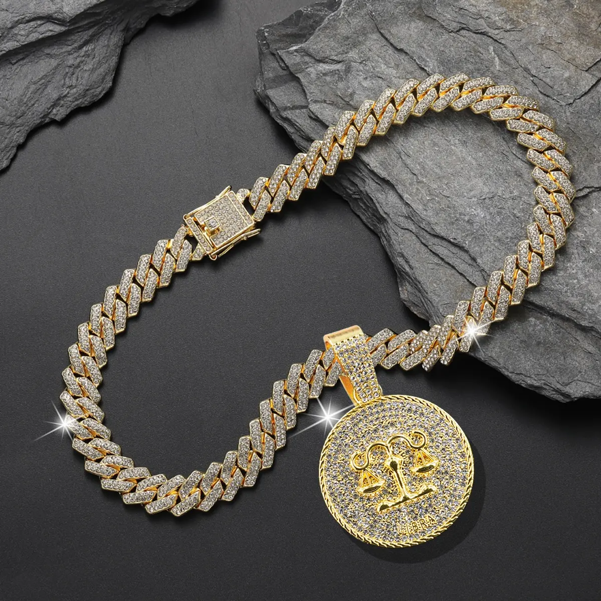 Astrology Zodiac Necklace Cuban Link Chain Miami Iced Out Rhinestone Pendant Hip Hop Jewelry for Men Women