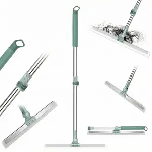 Non Stick Silicone Floor Squeegee for Bathroom & Living Room Professional Pet Hair Remover Broom with 180 Degree Rotating Head for Corner Cleaning Adjustable Long Handle Multi Surface Cleaning Tool