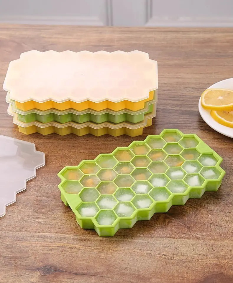 2Pcs 37 Cavity Honeycomb Silicone Ice Cube Tray with Lid - BPA-Free, Easy-Release Stackable Ice Mold