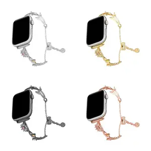 OEM Light Luxury Metal Apple Watch Band with Rotating Diamond Accent, Pink Floral Design & Adjustable Stretch Chain, Elegant Stylish Strap for Everyday & Spring Wear