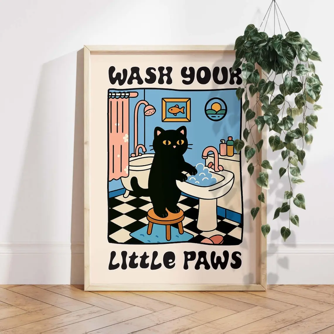 [No Frame] Wash Your Paws Cat Print Gift, Cute Bathroom Cat Wall Art, Funny Cat Poster, Kawaii Cat Decor, Black Cat Lover Gift Kids Bathroom Art