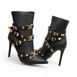 Elegant Black Stiletto Boots with Gold Accents and Buckle Straps for Stylish Women Footwear Girl Bota Casual Design