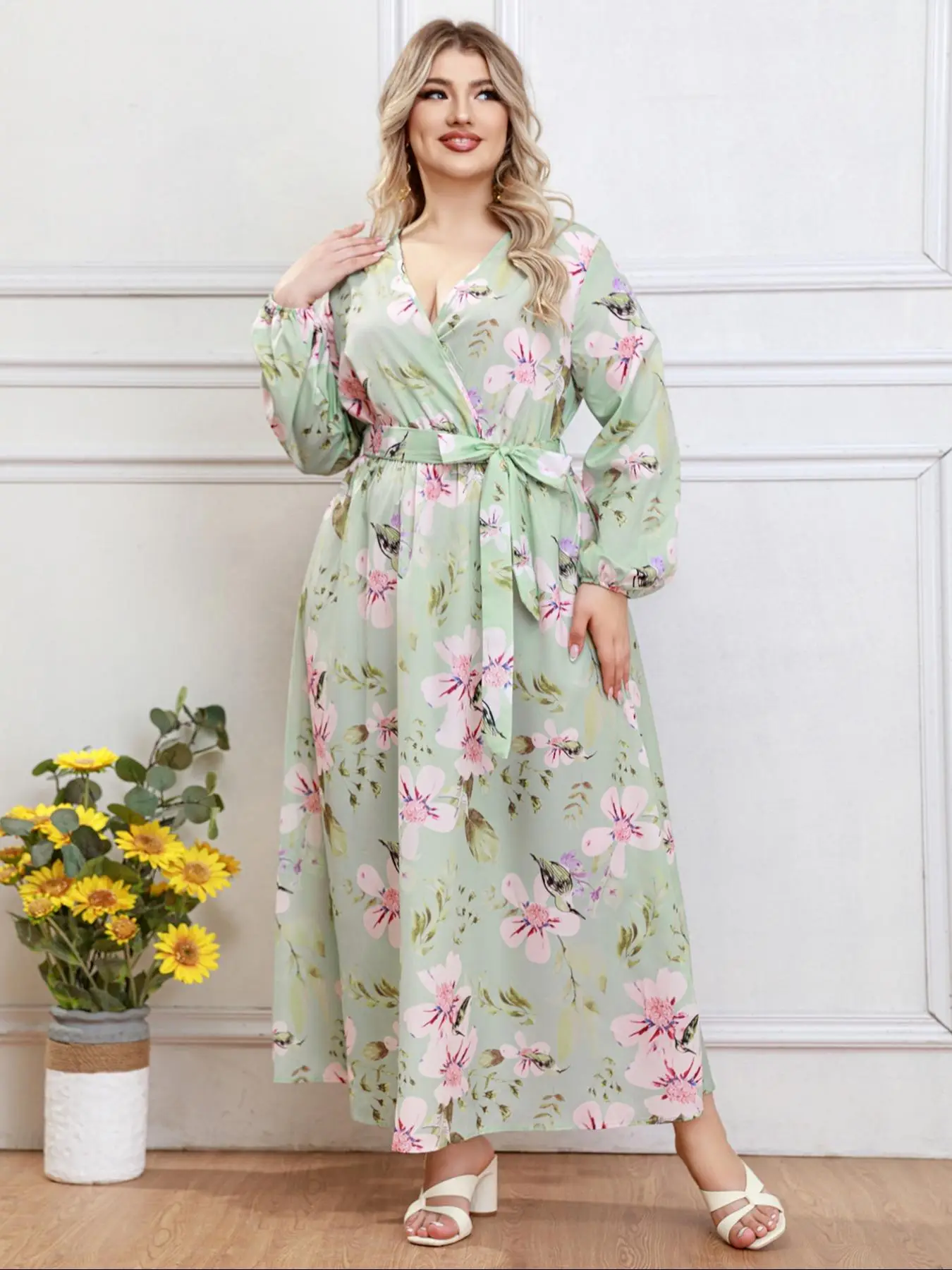 Plus Size Floral Print Belted Wrap Long Dress, Casual V Neck Bishop Sleeve A Line Dress for Summer, Women's Plus Clothing for Daily Wear