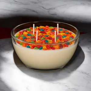 Pebbles And Cream Scented Candle with Colorful Fruity Pieces in Glass Bowl for Home Fragrance