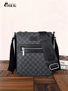 Men's New Trend Business Style All Over Print Zipper Crossbody Bag, Fashionable PVC Leather Shoulder Bag, Casual Square Crossbody Bag with Adjustable Strap for Work Office & Daily Used