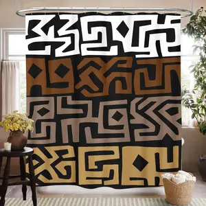 1/4pcs African Mudcloth Shower Curtain, Rustic Abstract Geometric Ethnic African Tribal Pattern Modern Brown Traditional Vintage Waterproof Fabric Bathroom Shower Curtain Set with Hooks, 72"x72"