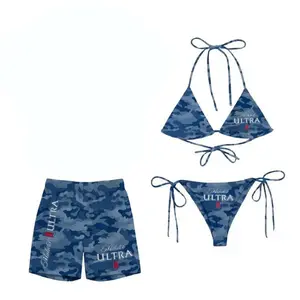 Michelob ULTRA Matching Couple Swim Set, Blue Camo Halter Bikini & Swim Shorts, Perfect Romantic Beach Gift for Couples, Summer Vacation, Tropical Getaway, Couples Swimwear