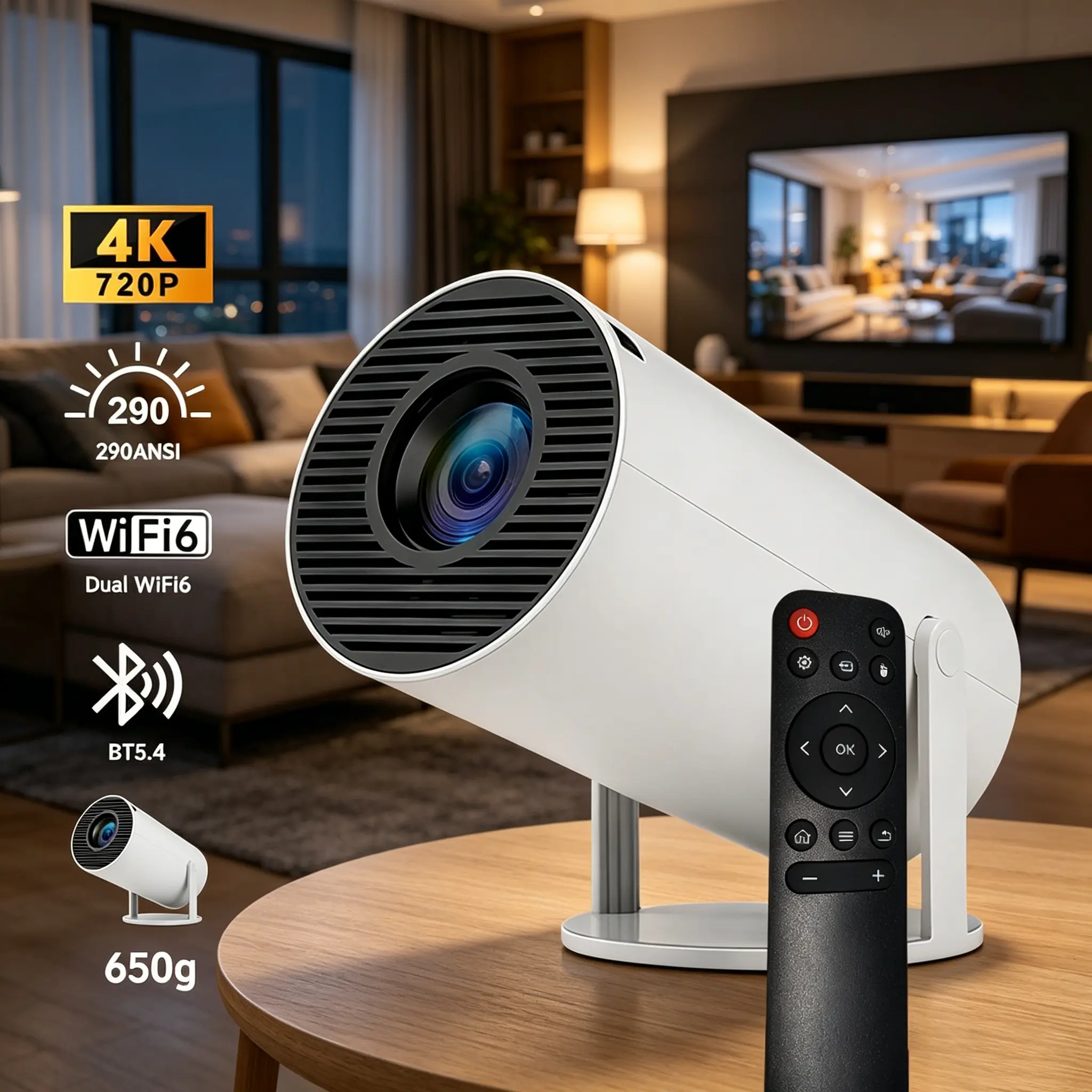 Mini Portable Tabletop Pico Home Cinema Projector - 720P Full HD LED, 290 ANSI Lumens, Wireless Bluetooth 5.4, WiFi, Android OS, Auto Keystone, 180° Rotatable, 130" Screen, Built-In Speaker, Remote Control, Mount-Compatible for Game outdoor projector