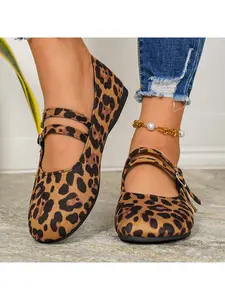 Women's Leopard Print Casual Flat Shoes, Comfortable Soft Sole, Dual Buckle Design, All Seasons, Textile Upper, Rubber Sole