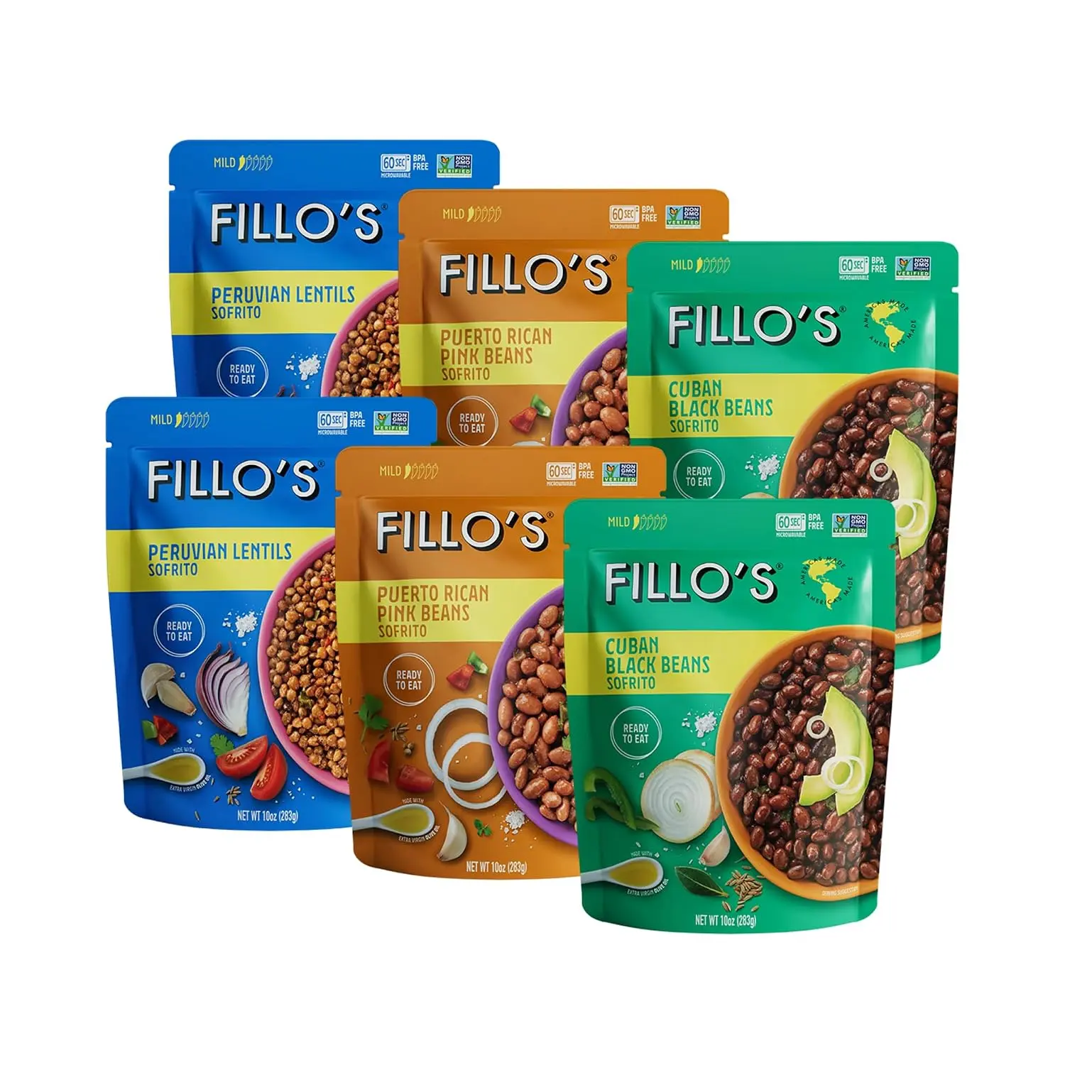 Fillo's Beans, Ready to Eat Beans & Lentils Variety, Gluten Free, 10oz 6 Pk | Vegan, Non-GMO, Microwavable, Shelf Stable