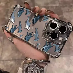 Minimally designed full screen shark pattern Aesthetic Electroplated TPU Casing For iphone 16 15 14 13 12 11 X XS PRO PLUS MAX Four Corners Anti-Fall Transparent Casual style Soft Silicone Phone Cases Shell Tough Phone Cover Protector Shockproof