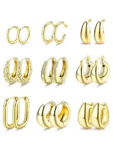 9 Pairs Copper Small Hoop Earrings for Women Girls 14K Gold Plated Earrings Chunky Hoop Earrings Set Hypoallergenic Trend Party Jewelry Gifts