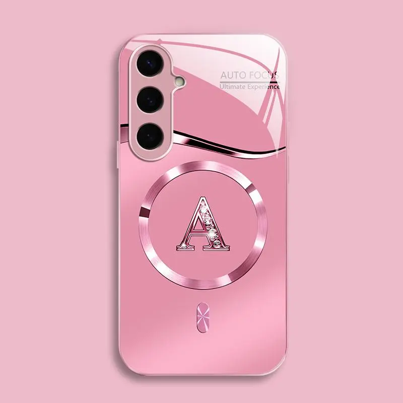 Suitable for [Galaxy S24] high-end MagSafe phone case，Luxury Pink Metallic Magnetic Case Cute Bling Rhinestone Initial Letter  Aesthetic Shockproof Wireless Charging Cover 952