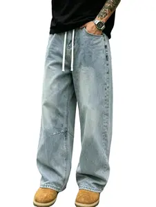 Men's Baggy Plain Jeans, Menswear Ultra-Loose Casual Minimalist Style with Drawstring, Flat Pockets, Soft Polyester-Cotton-Viscose Blend Fabric, Light Denim Blue/Black Options, Suitable for Street Style & Outdoor Activities